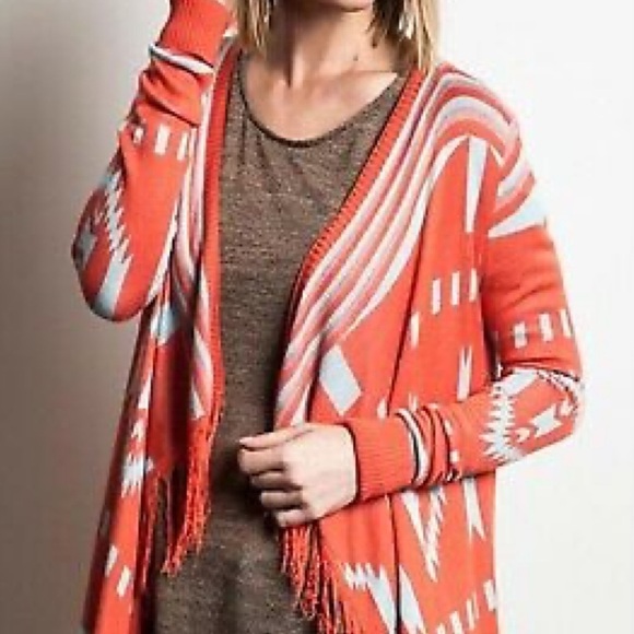 Umgee Tangarine Aztec asymmetric fringe cardigan - Picture 1 of 12